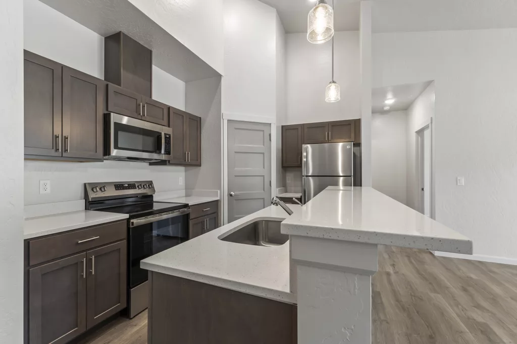 Modern kitchen with stainless steel appliances, dark wood cabinets, and quartz countertops.
