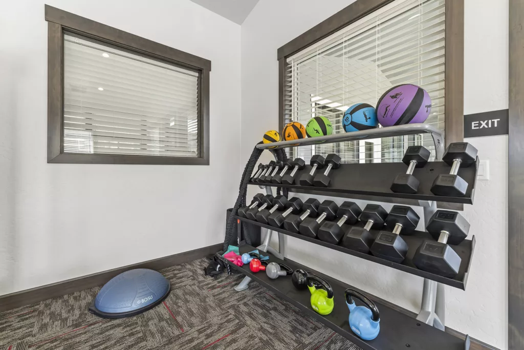 A gym area with a rack of dumbbells, colorful kettlebells, and medicine balls arranged on shelves. A BOSU balance trainer sits on the carpeted floor. The room has two windows with blinds and an exit sign on the wall.